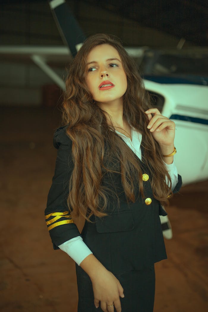 Confident young woman in pilot uniform posing inside an aircraft hangar. Fashion meets aviation.